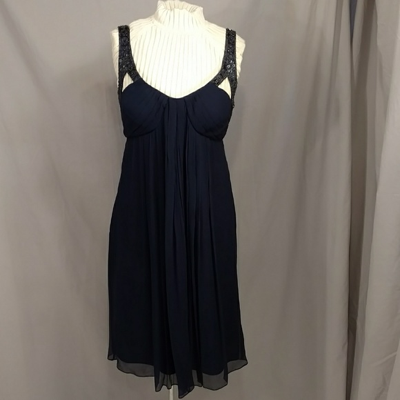 Sexy Silk Mini Dress Sheer Navy Blue Beaded Straps Plunge Neckline Party Evening - Picture 1 of 8